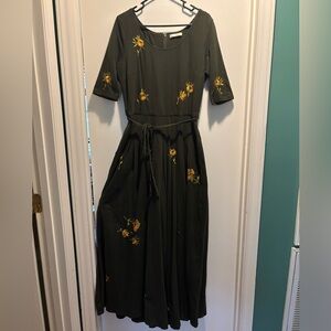 Beautiful Dark Green Jumpsuit with Yellow Floral Embroidery